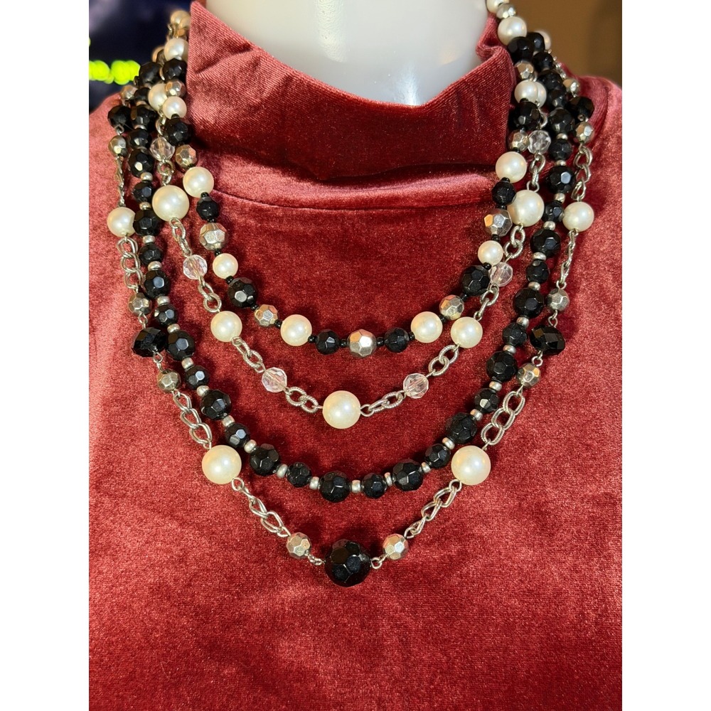 Premiere 21" Strand Faux Pearl Black Beaded Silver Tone Character Necklace - Picture 2 of 5
